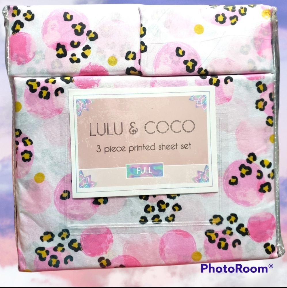 🆕️NWT LULU & COCO 3 piece FULL size Pink Cheetah Bubbles printed Bed Sheet Set